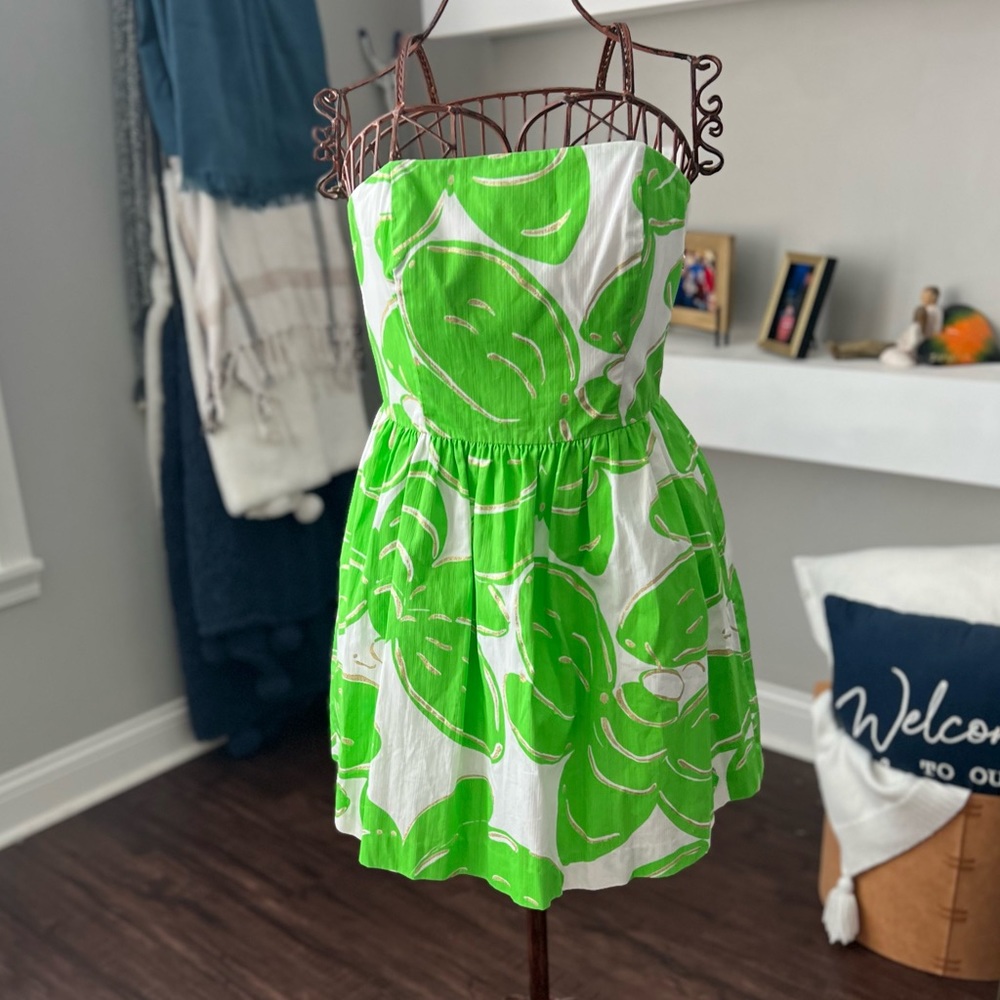 Lilly Pulitzer Strapless Green and White Floral A Line Dress Women’s Size 8